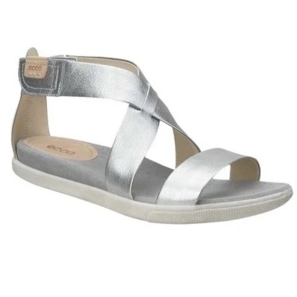 ECCO Damara Ankle Strap Sandals Metallic Silver Leather Womens 38 248153